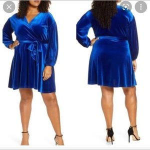 Eloquii blue velvet mini wrap dress